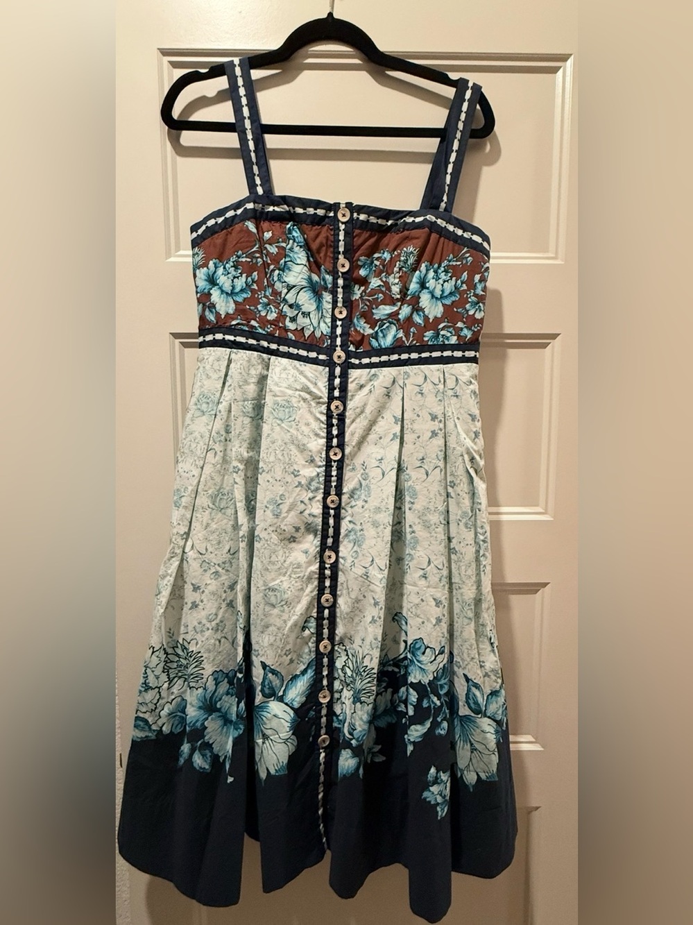 Maeve Blue and Brown Floral Button-Front Sundress NWT